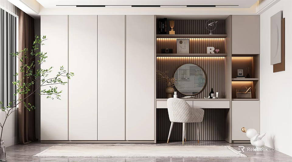 Modern Integrated White Wardrobe With Desk Chair Mirror And Decorative Shelves 3d model 