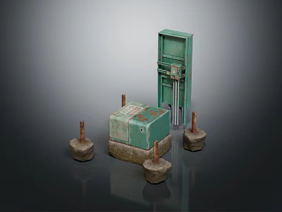 Green Industrial Control Cabinet With Concrete Bases And Metal Components 3d model