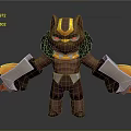 Cartoon Creature Character With Brown Body Yellow Stripes Red Eyes And Muscular Armor Like Arms