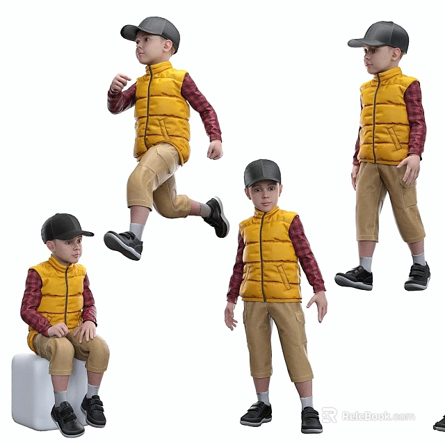 Kids Casual Outfits With Yellow Puffer Vests Red Plaid Shirts Khaki Pants Various Poses 3d model 