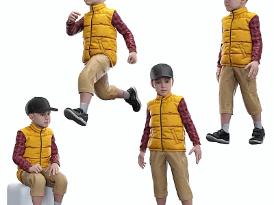 Kids Casual Outfits With Yellow Puffer Vests Red Plaid Shirts Khaki Pants Various Poses 3d model