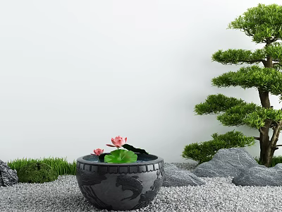 Japanese Karesansui Garden Design With Stone Basin Pink Lotus Pine Tree And Gray Stones 3d model