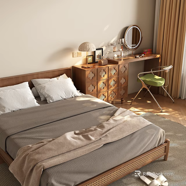 Cozy Wooden Bedroom With Comfortable Bed Dresser Mirror And Green Chair 3d model 
