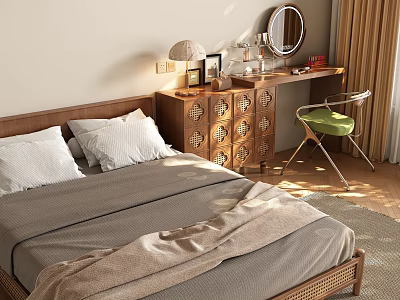 Cozy Wooden Bedroom With Comfortable Bed Dresser Mirror And Green Chair 3d model