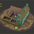 Wooden House With Orange Roof Stone Walls Two Chimneys Sandy Ground And Wooden Cart