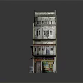 Traditional Two Story Commercial Building With Balconies And Colorful Storefront Awnings