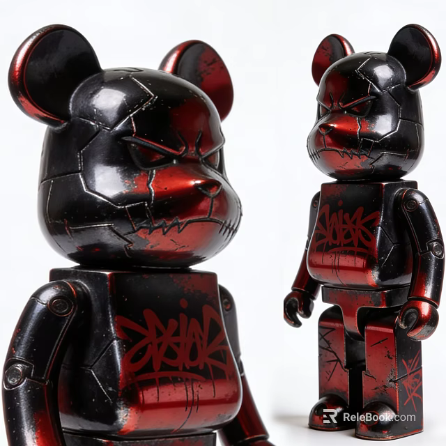 Artistic Black And Red Bear Sculptures With Cracked Texture And Graffiti Design 3d model 