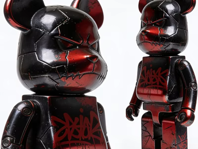 Artistic Black And Red Bear Sculptures With Cracked Texture And Graffiti Design 3d model