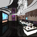 Modern KTV Lounge Interior With Crystal Chandeliers Large TV Screens And Bar Counter Seats