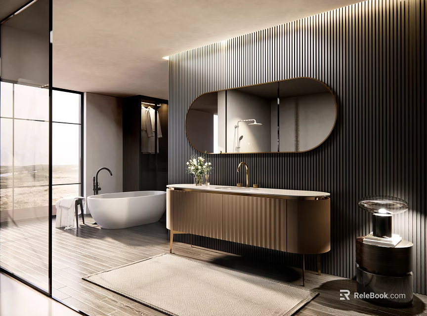 Modern Bathroom Design With Oval Mirror Vertical Striped Wall Golden Ribbed Vanity Bathtub Plant Lighting 3d model 