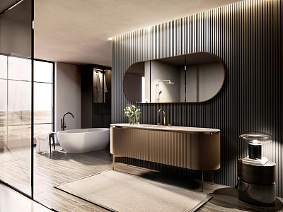 Modern Bathroom Design With Oval Mirror Vertical Striped Wall Golden Ribbed Vanity Bathtub Plant Lighting 3d model