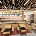 Traditional Beef Soup Restaurant Interior With Wooden Counter And Red Posters