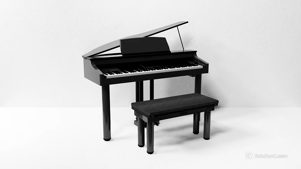 Classic Black Grand Piano With Matching Black Piano Stool On White Background 3d model 
