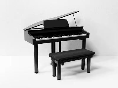 Classic Black Grand Piano With Matching Black Piano Stool On White Background 3d model