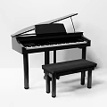 Classic Black Grand Piano With Matching Black Piano Stool On White Background