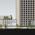 Modern High Rise Hotel Building With Glass Curtain Wall Green Roof And Low Rise Section