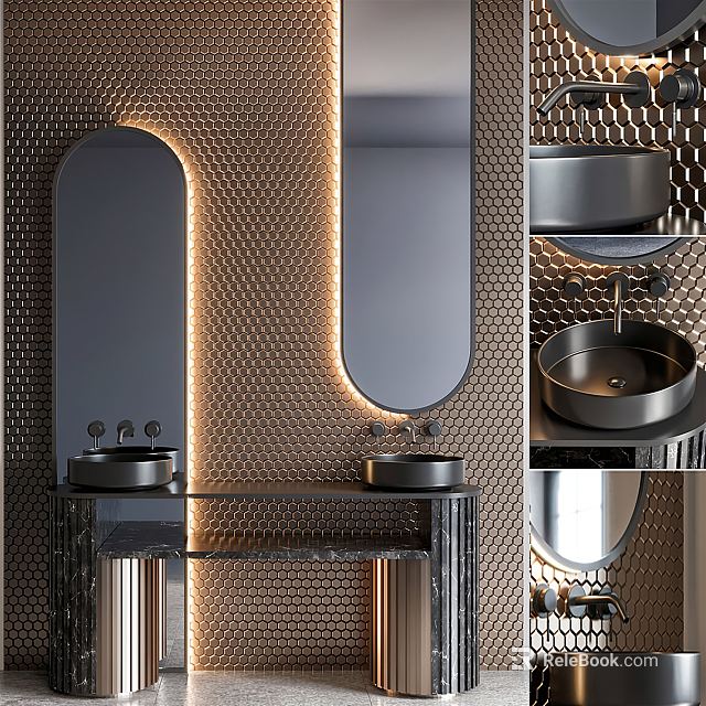 Modern Bathroom Vanity With Double Sinks Round Mirrors Honeycomb Walls And LED Lighting 3d model 