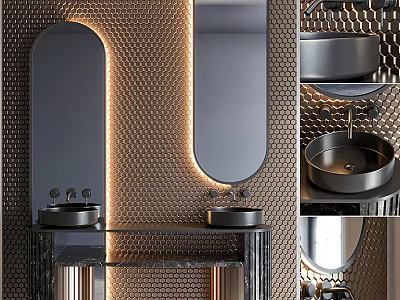 Modern Bathroom Vanity With Double Sinks Round Mirrors Honeycomb Walls And LED Lighting 3d model