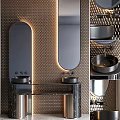Modern Bathroom Vanity With Double Sinks Round Mirrors Honeycomb Walls And LED Lighting