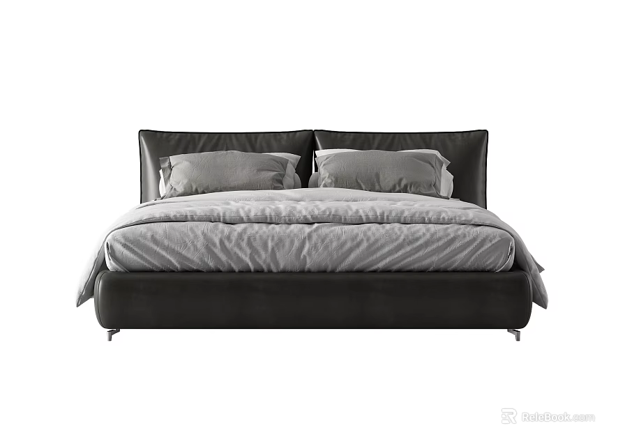 Elegant Modern Double Bed Featuring Dark Headboard And Soft Gray Bedding 3d model 