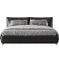 Elegant Modern Double Bed Featuring Dark Headboard And Soft Gray Bedding