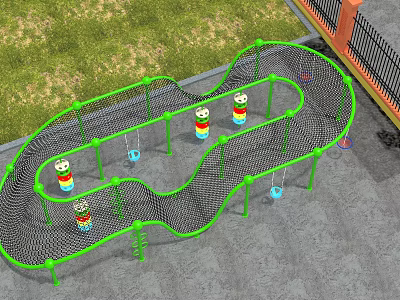 Outdoor Playground Equipment With Green Frame Black Climbing Net And Colorful Columns For Kids 3d model
