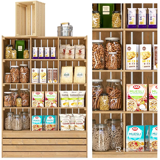 Neatly Arranged Display Shelves With Nuts Snacks Canned Goods And Packaged Foods 3d model 