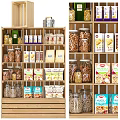 Neatly Arranged Display Shelves With Nuts Snacks Canned Goods And Packaged Foods