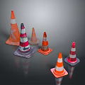 Orange And White Striped Traffic Cones In Various Sizes On Dark Background