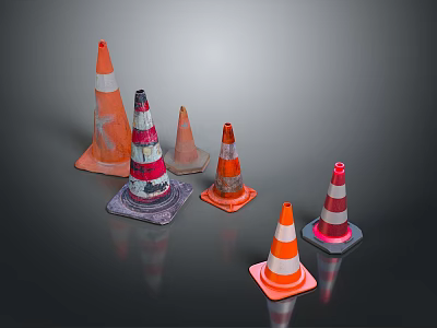 Orange And White Striped Traffic Cones In Various Sizes On Dark Background 3d model