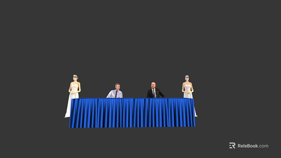 Blue Covered Conference Table With Seated People And Mannequins On Gray Background 3d model 