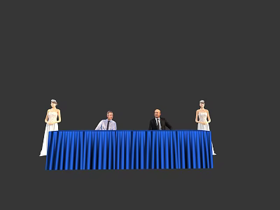 Blue Covered Conference Table With Seated People And Mannequins On Gray Background 3d model