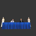 Blue Covered Conference Table With Seated People And Mannequins On Gray Background