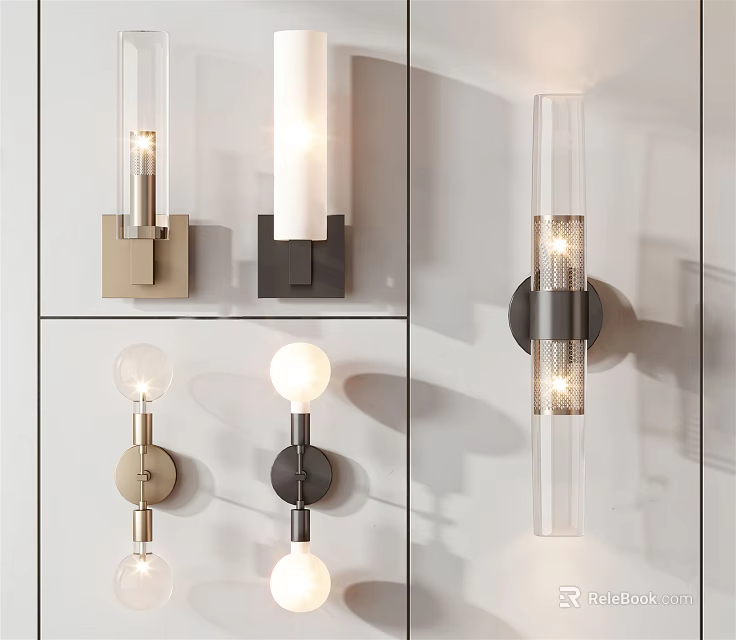 Modern Wall Lamps With Glass Cylindrical Bodies And Spherical Metal Shades 3d model 
