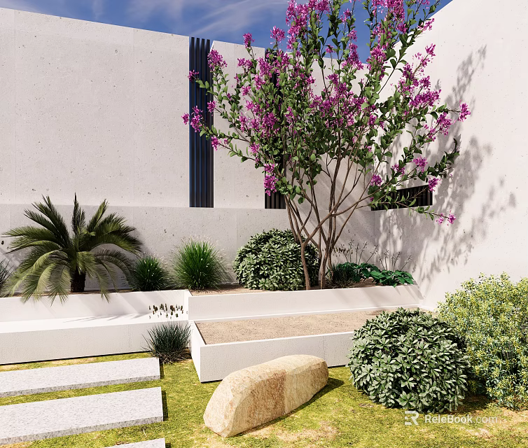 Courtyard Garden With White Wall Purple Flowering Tree Palm Green Shrubs Stone Path And Lawn 3d model 