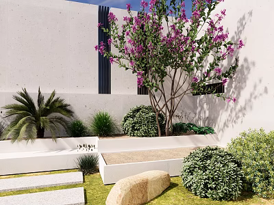 Courtyard Garden With White Wall Purple Flowering Tree Palm Green Shrubs Stone Path And Lawn 3d model
