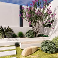 Courtyard Garden With White Wall Purple Flowering Tree Palm Green Shrubs Stone Path And Lawn