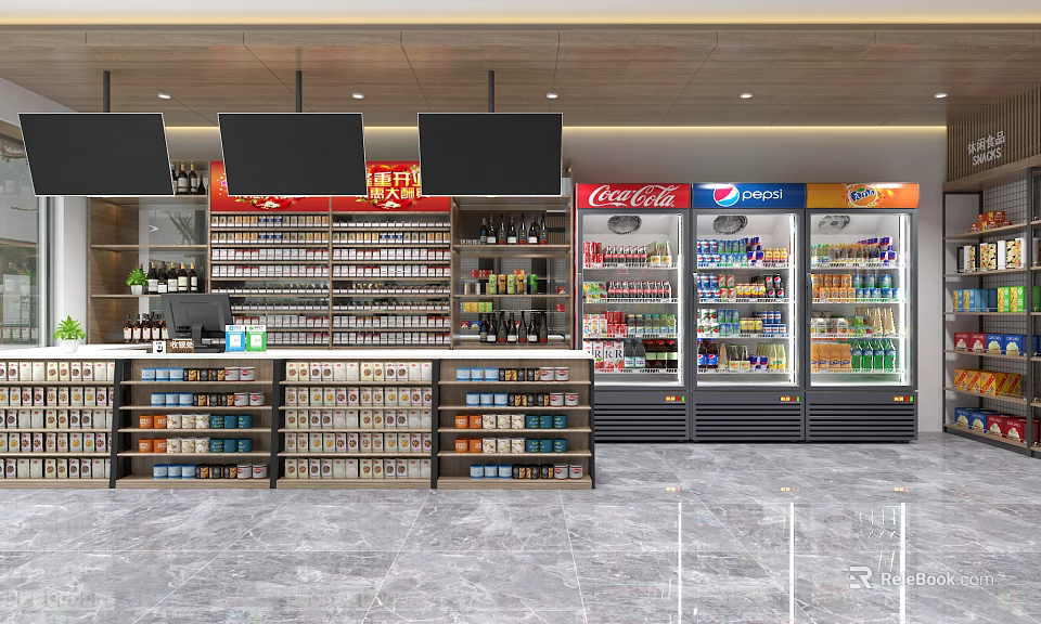 Supermarket Grocery Store Interior With Shelves Beverage Coolers And Brand Products 3d model 