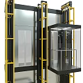 Modern Elevator Structure With Glass Cabins And Metal Yellow Frames Design 3d model