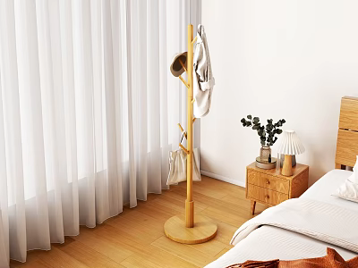 Wooden Coat Rack In Cozy Bedroom With Curtains And Bedside Table 3d model