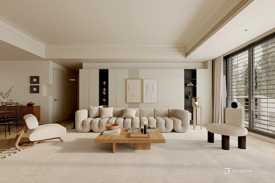 Modern Living Room With Light Beige Sofa Wooden Coffee Table And Floor To Ceiling Windows 3d model 