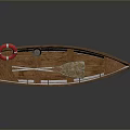 Traditional Wooden Boat With Red Lifebuoy Bucket And Oars For Water Transport