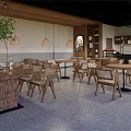 Modern Wooden Cafe Interior With Open Space Green Plants And Large Windows