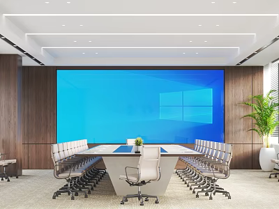 Modern Conference Room Interior With Large Blue Screen Wooden Walls Conference Table And Green Plant 3d model