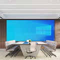 Modern Conference Room Interior With Large Blue Screen Wooden Walls Conference Table And Green Plant