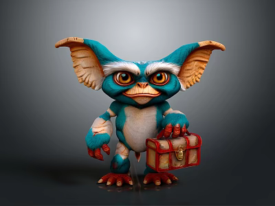 Blue Fantasy Creature With Large Ears White Fur Holding Treasure Chest 3d model