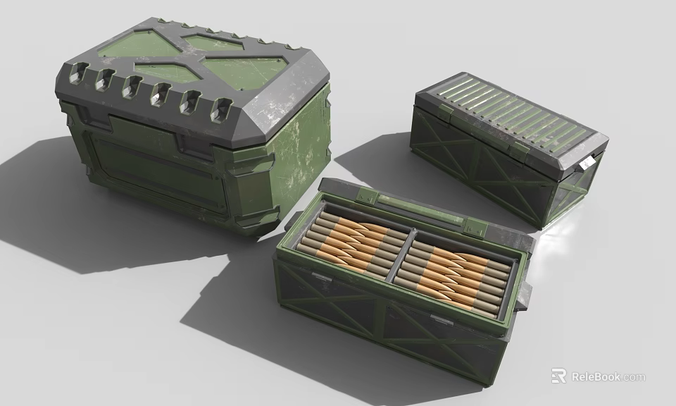 Three Green Storage Boxes Decorative Ornament Set with Open Box and Cylindrical Contents 3d model 