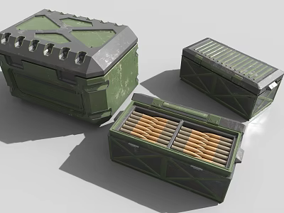 Three Green Storage Boxes Decorative Ornament Set with Open Box and Cylindrical Contents 3d model