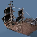 Pirate Ship Model With Black Sails Wooden Hull And Skull Flag Design