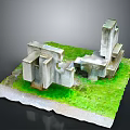Architectural Landscape with Gray Concrete Structures Green Grass and Gray Ground 3d model